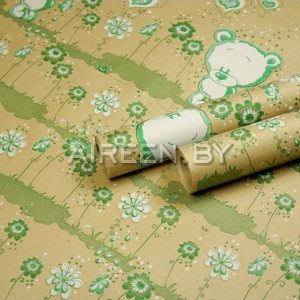 Крафт бумага упаковочная, рис. "Мишутка", зелёный, 0,7м*10м