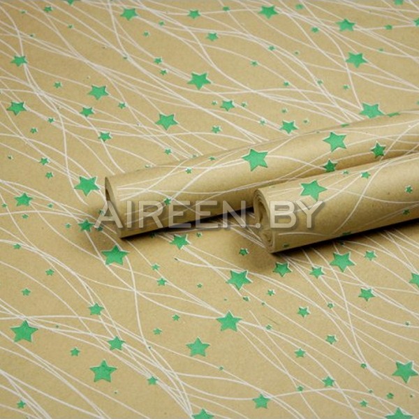 Крафт бумага упаковочная, рис. "Звездопад", зелёный, 0,7м*10м